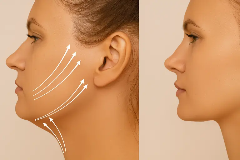 Illustration showing the jawline area considered during a non-surgical double chin consultation