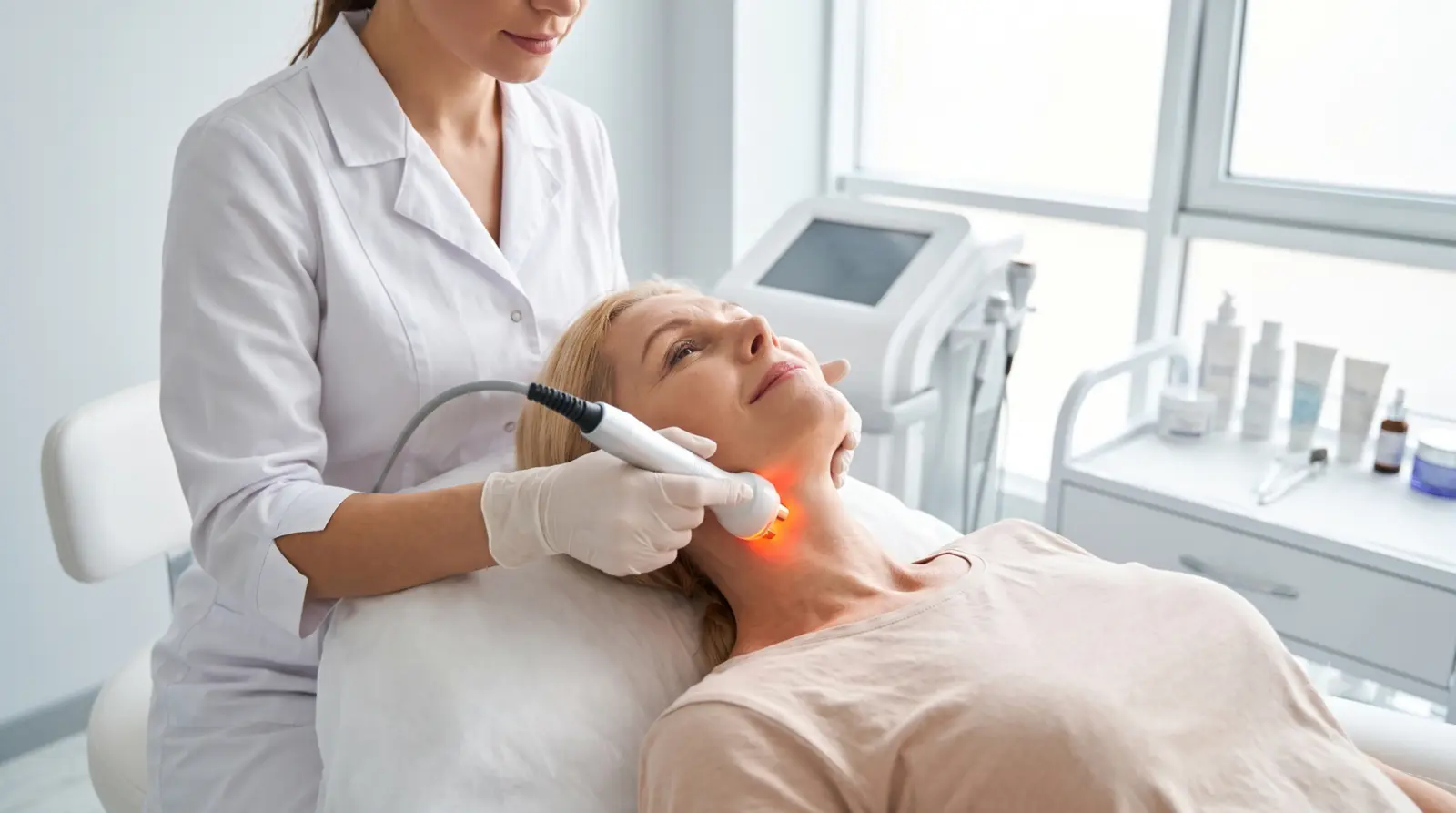 Relaxing aesthetic treatment room used for light-based wellness services