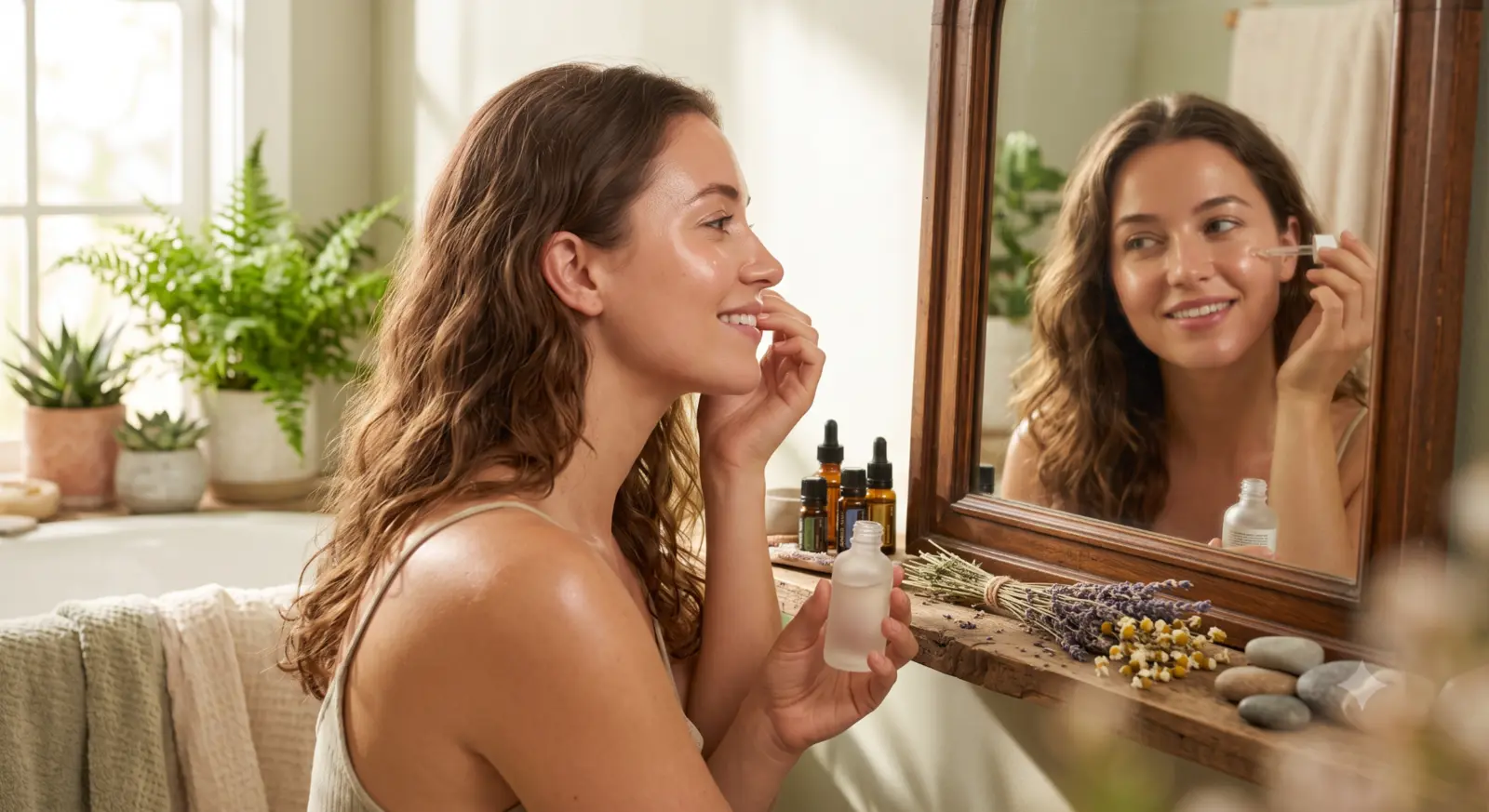 Woman applying facial serum while looking in a mirror